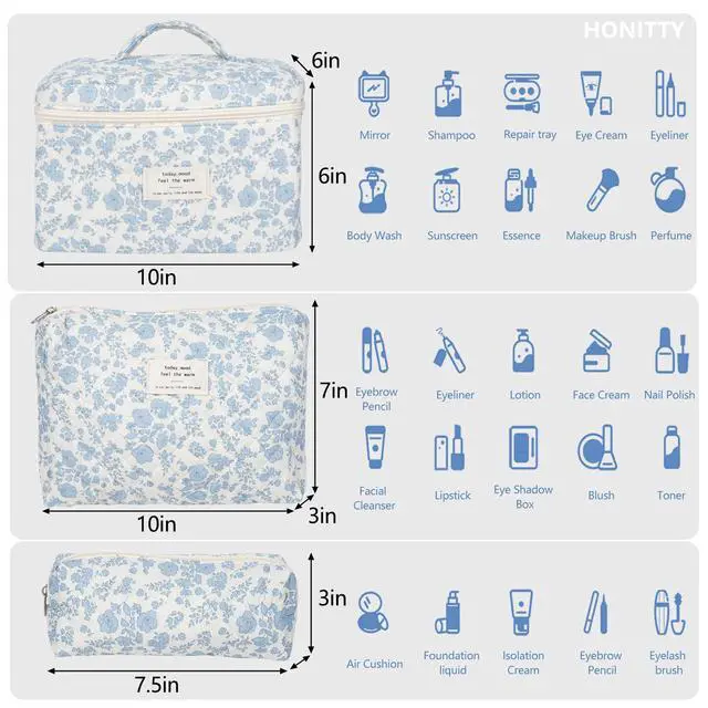 Alt view image 2 of 6 - Makeup Bag,Quilted Cosmetic Bag,Large Floral Make Up Bag for Women,Cotton Makeup Bag Set,Flower Travel Toiletry Bag