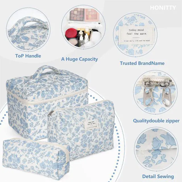 Alt view image 3 of 6 - Makeup Bag,Quilted Cosmetic Bag,Large Floral Make Up Bag for Women,Cotton Makeup Bag Set,Flower Travel Toiletry Bag