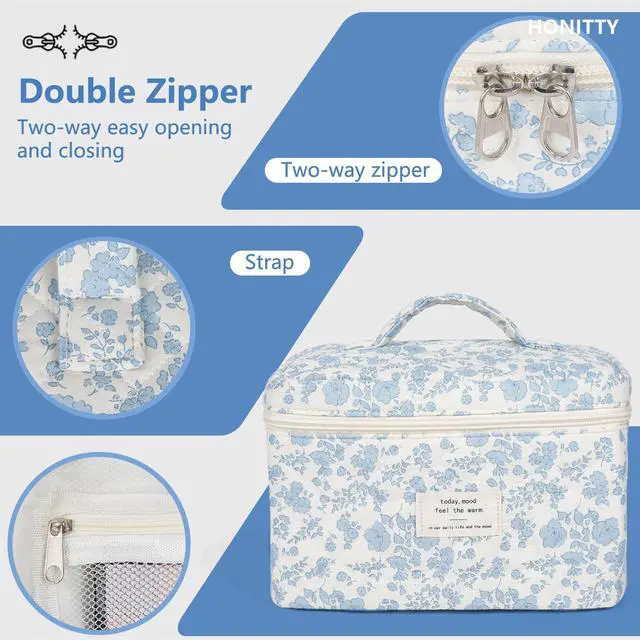 Alt view image 4 of 6 - Makeup Bag,Quilted Cosmetic Bag,Large Floral Make Up Bag for Women,Cotton Makeup Bag Set,Flower Travel Toiletry Bag