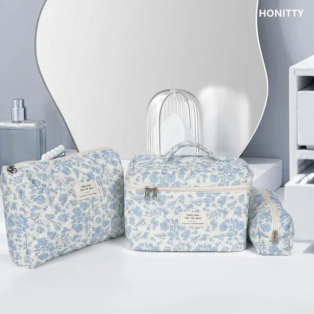 Alt view image 5 of 6 - Makeup Bag,Quilted Cosmetic Bag,Large Floral Make Up Bag for Women,Cotton Makeup Bag Set,Flower Travel Toiletry Bag