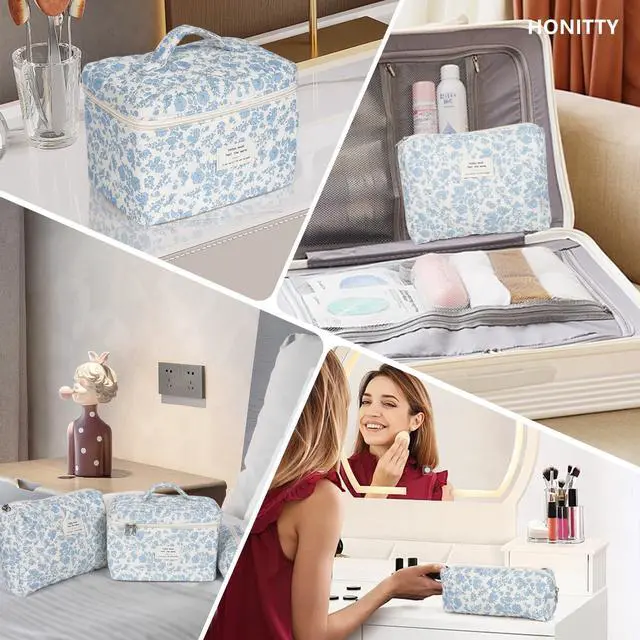 Alt view image 6 of 6 - Makeup Bag,Quilted Cosmetic Bag,Large Floral Make Up Bag for Women,Cotton Makeup Bag Set,Flower Travel Toiletry Bag
