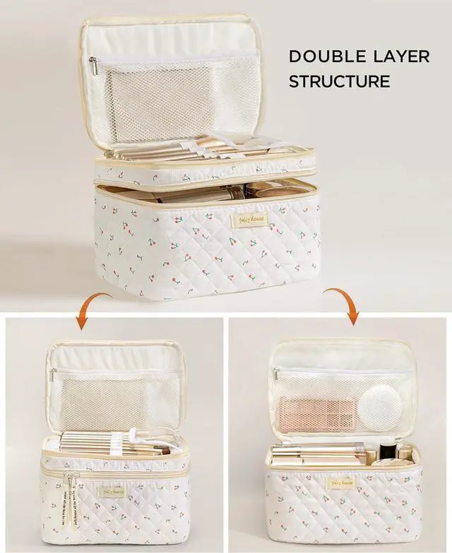 Alt view image 2 of 7 - 2Pcs Travel Makeup Bag Large Quilted Cosmetic Bag Make up Bag