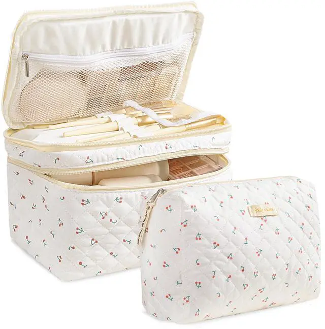 Main image of 2Pcs Travel Makeup Bag Large Quilted Cosmetic Bag Make up Bag
