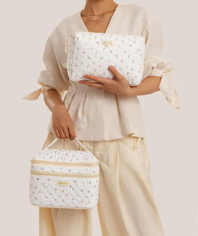 Alt view image 7 of 7 - 2Pcs Travel Makeup Bag Large Quilted Cosmetic Bag Make up Bag