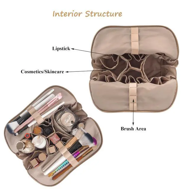 Alt view image 3 of 7 - Travel Makeup Bag for Women, Waterproof Stand Up Cosmetic Bag with Brush Holders, Organizer Bag with Compartments, Fold-Down Design for Skincare, Toiletries & Essentials (Camel, Medium)
