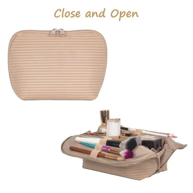 Alt view image 4 of 7 - Travel Makeup Bag for Women, Waterproof Stand Up Cosmetic Bag with Brush Holders, Organizer Bag with Compartments, Fold-Down Design for Skincare, Toiletries & Essentials (Camel, Medium)