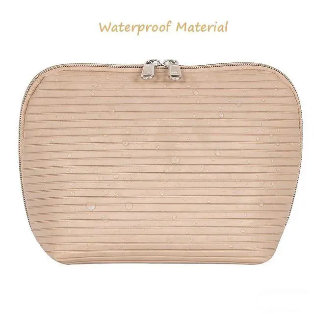 Alt view image 6 of 7 - Travel Makeup Bag for Women, Waterproof Stand Up Cosmetic Bag with Brush Holders, Organizer Bag with Compartments, Fold-Down Design for Skincare, Toiletries & Essentials (Camel, Medium)