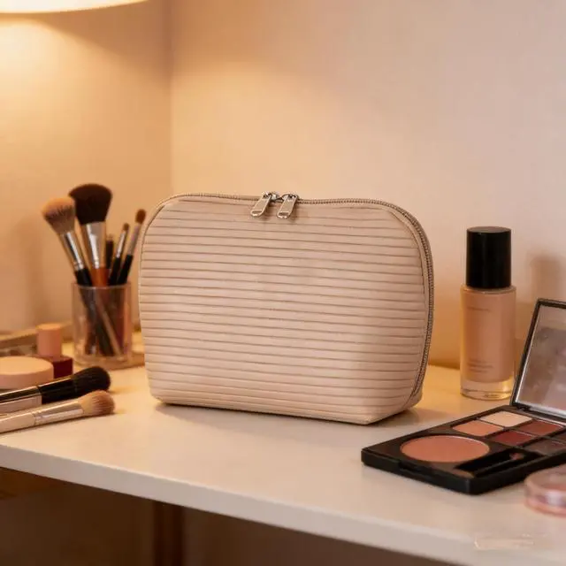 Alt view image 5 of 7 - Travel Makeup Bag for Women, Waterproof Stand Up Cosmetic Bag with Brush Holders, Organizer Bag with Compartments, Fold-Down Design for Skincare, Toiletries & Essentials (Camel, Medium)