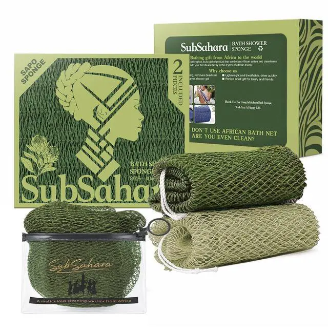 Main image of Authentic African Net Sponge, 2 Pack 45-Inch Exfoliating Bath Sponge and Shower Loofah for Body and Back, Quick-Dry Durable Knotted Mesh Scrubber (Olive Green & Light Green)