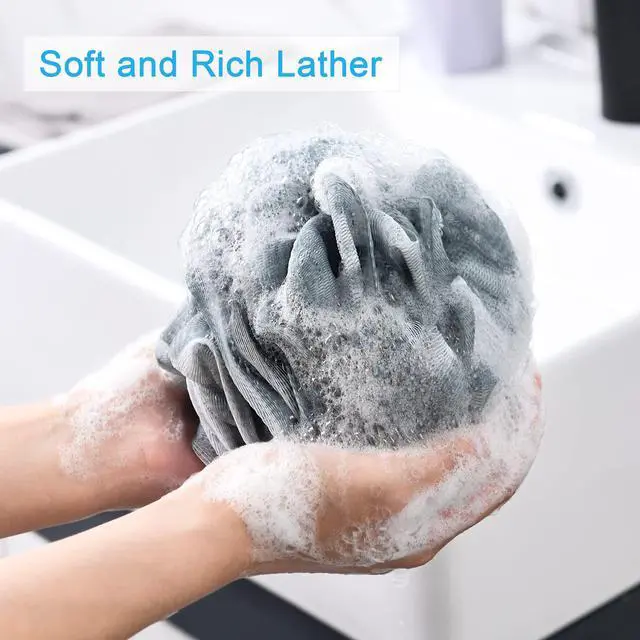 Alt view image 2 of 7 - Loofah Sponge 75g/Piece, Exfoliating Bath Sponge Body Scrubber - Loofa Set of 4 Grey Blue-Pink-Grey-White (Large)