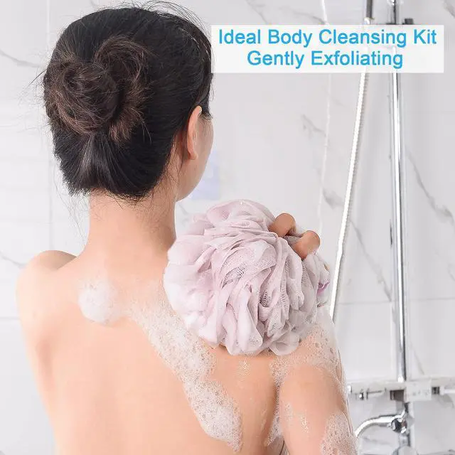 Alt view image 3 of 7 - Loofah Sponge 75g/Piece, Exfoliating Bath Sponge Body Scrubber - Loofa Set of 4 Grey Blue-Pink-Grey-White (Large)