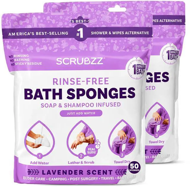 Main image of Disposable No Rinse Bathing Wipes - All-in-1 Single Use Shower Wipes, Simply Dampen, Lather, and Dry Without Shampoo or Rinsing (Lavender, 2-Pack)
