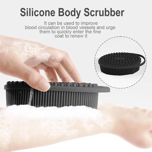 Alt view image 2 of 4 - Soft Silicone Body Scrubber 2 PCS Silicone Body Shower, Silicone Loofah 2 in 1 Bath and Shampoo Brush, Body Scrubber Shower Cleaning Exfoliating Use for Sensitive Skin, Lather Well(Black and Pink)