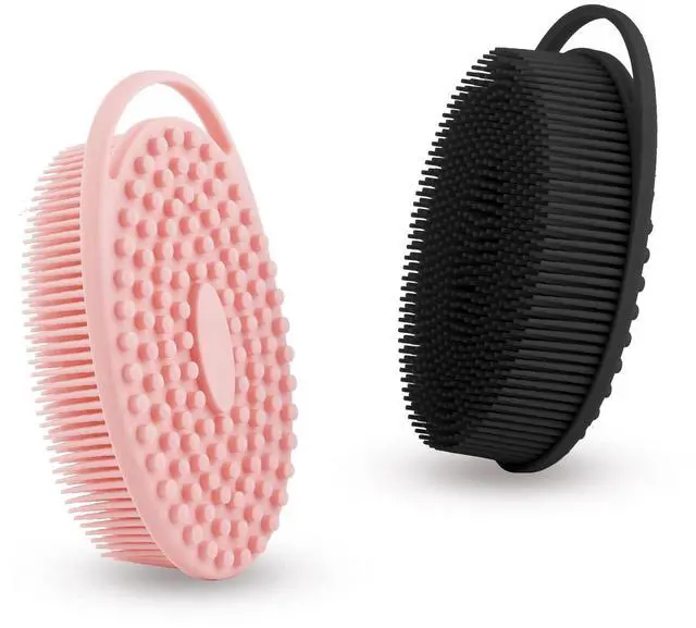 Main image of Soft Silicone Body Scrubber 2 PCS Silicone Body Shower, Silicone Loofah 2 in 1 Bath and Shampoo Brush, Body Scrubber Shower Cleaning Exfoliating Use for Sensitive Skin, Lather Well(Black and Pink)