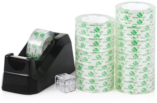 Main image of Tape Dispensers Desk, 1 Pack Black with 12Rolls Transparent Tape, 1 Inch Core, for Gift Wrapping, School, Office and Home