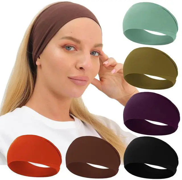 Main image of Women's Extra Soft Wide Thick Yoga Headbands, Non Slip Sweat Bands, 6 Pack Solid Hair Bands, Black, Tennis, Yoga, Running