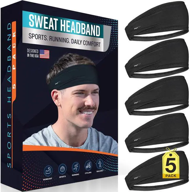 Main image of 5-Pack Sport Headbands for Men & Women - Sweat-Wicking Workout & Running Head Bands - Exercise Sweat Band for Workout, Basketball, Tennis, Cycling, Yoga (Black)