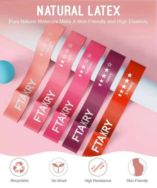 Alt view image 5 of 7 - Resistance Bands for Working Out, Exercise Bands with 5 Resistance Levels, Natural Latex Resistance Bands Designed for Home Fitness, Strength Training and Flexibility Exercises (Pink)