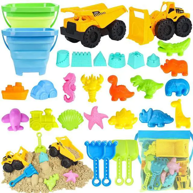 Main image of Beach Toys with 2 Trucks, Collapsible Buckets for Kids Ages 3-12