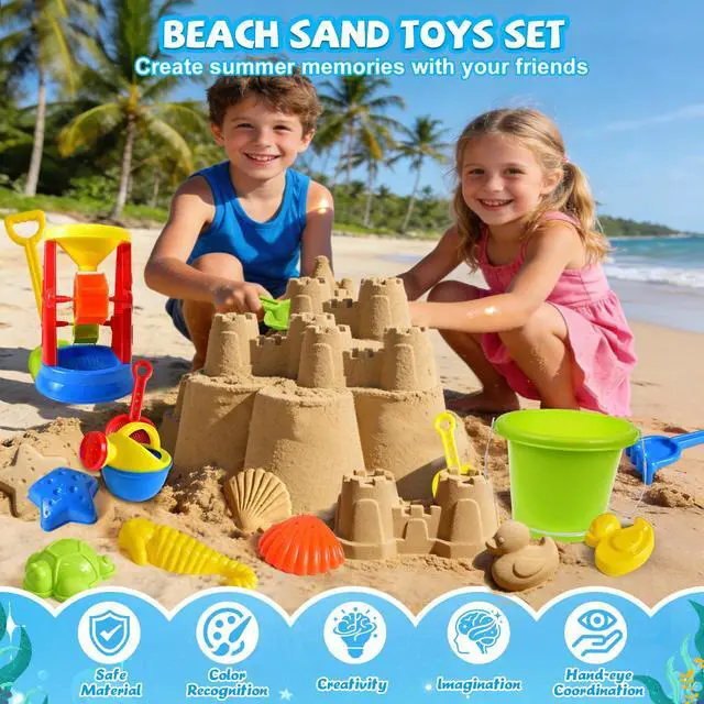 Alt view image 2 of 7 - Beach Toys, 19 Piece Sand Toys Set Kids Sandbox Toys Includes Water Wheel Beach Tool Kit Bucket Watering Can Molds with Mesh Bag for Kids Ages 3-13
