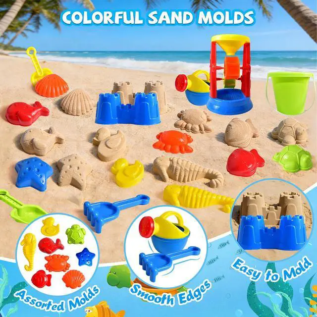 Alt view image 3 of 7 - Beach Toys, 19 Piece Sand Toys Set Kids Sandbox Toys Includes Water Wheel Beach Tool Kit Bucket Watering Can Molds with Mesh Bag for Kids Ages 3-13