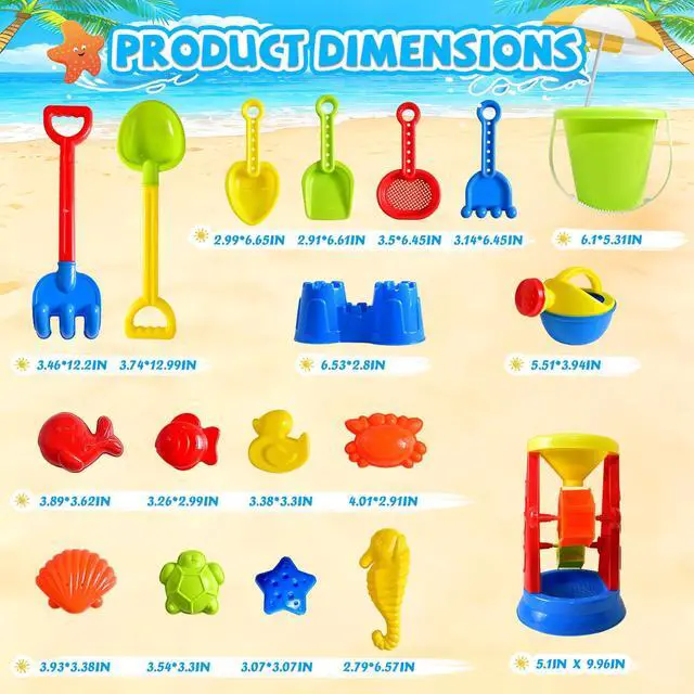 Alt view image 6 of 7 - Beach Toys, 19 Piece Sand Toys Set Kids Sandbox Toys Includes Water Wheel Beach Tool Kit Bucket Watering Can Molds with Mesh Bag for Kids Ages 3-13