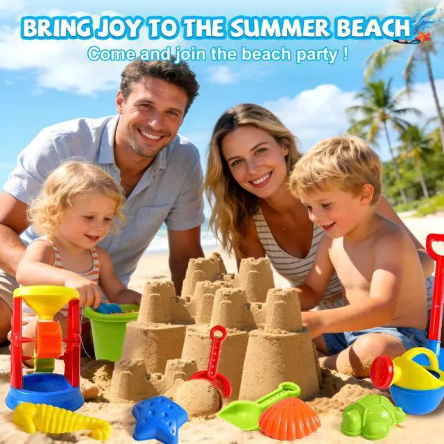 Alt view image 7 of 7 - Beach Toys, 19 Piece Sand Toys Set Kids Sandbox Toys Includes Water Wheel Beach Tool Kit Bucket Watering Can Molds with Mesh Bag for Kids Ages 3-13