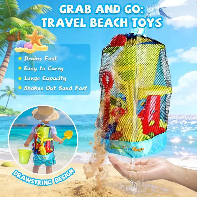 Alt view image 4 of 7 - Beach Toys, 19 Piece Sand Toys Set Kids Sandbox Toys Includes Water Wheel Beach Tool Kit Bucket Watering Can Molds with Mesh Bag for Kids Ages 3-13