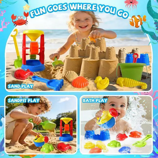 Alt view image 5 of 7 - Beach Toys, 19 Piece Sand Toys Set Kids Sandbox Toys Includes Water Wheel Beach Tool Kit Bucket Watering Can Molds with Mesh Bag for Kids Ages 3-13
