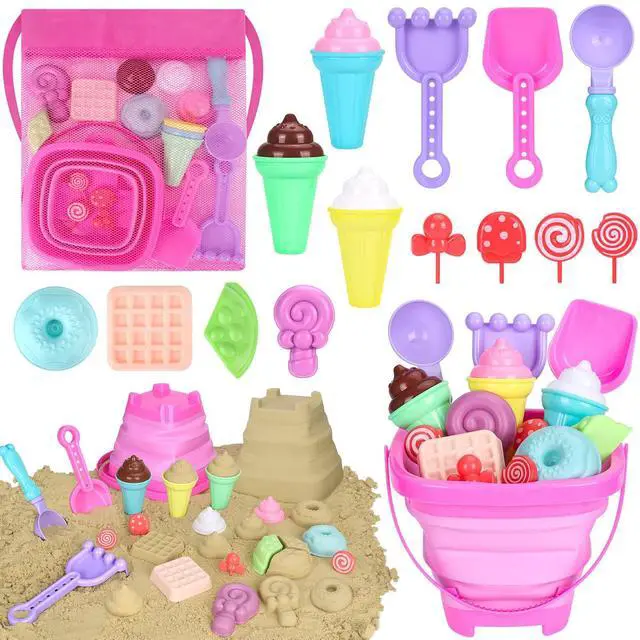 Main image of Collapsible Beach Toys Set for Kids Toddlers Girls, Collapsible Sand Bucket and Shovels Set with Mesh Bag & Sand Molds, Ice Cream Travel Sand Toys for Beach, Sandbox Toys for Toddlers Kids Age 3-10