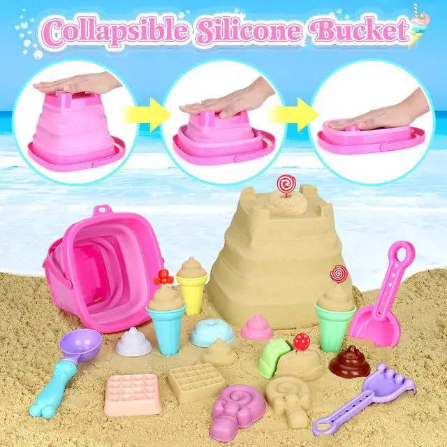 Alt view image 2 of 7 - Collapsible Beach Toys Set for Kids Toddlers Girls, Collapsible Sand Bucket and Shovels Set with Mesh Bag & Sand Molds, Ice Cream Travel Sand Toys for Beach, Sandbox Toys for Toddlers Kids Age 3-10