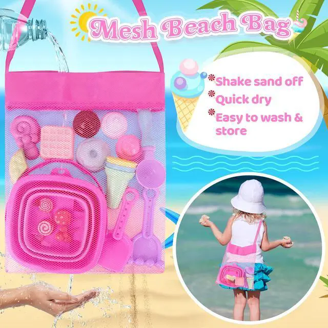 Alt view image 3 of 7 - Collapsible Beach Toys Set for Kids Toddlers Girls, Collapsible Sand Bucket and Shovels Set with Mesh Bag & Sand Molds, Ice Cream Travel Sand Toys for Beach, Sandbox Toys for Toddlers Kids Age 3-10