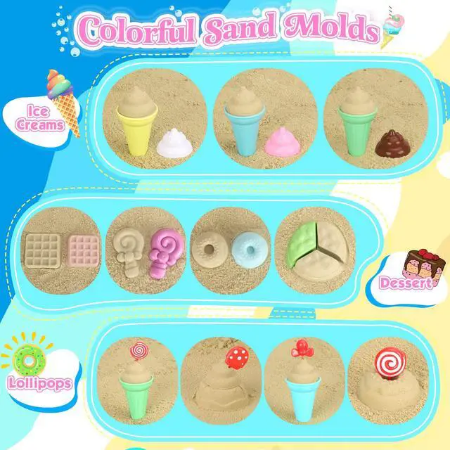 Alt view image 5 of 7 - Collapsible Beach Toys Set for Kids Toddlers Girls, Collapsible Sand Bucket and Shovels Set with Mesh Bag & Sand Molds, Ice Cream Travel Sand Toys for Beach, Sandbox Toys for Toddlers Kids Age 3-10