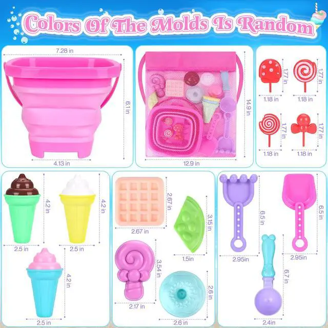 Alt view image 7 of 7 - Collapsible Beach Toys Set for Kids Toddlers Girls, Collapsible Sand Bucket and Shovels Set with Mesh Bag & Sand Molds, Ice Cream Travel Sand Toys for Beach, Sandbox Toys for Toddlers Kids Age 3-10