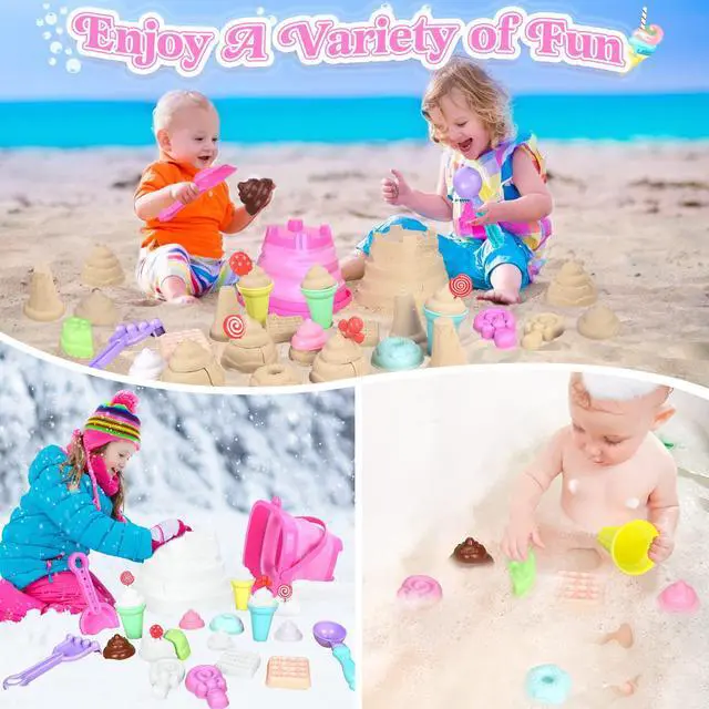 Alt view image 6 of 7 - Collapsible Beach Toys Set for Kids Toddlers Girls, Collapsible Sand Bucket and Shovels Set with Mesh Bag & Sand Molds, Ice Cream Travel Sand Toys for Beach, Sandbox Toys for Toddlers Kids Age 3-10