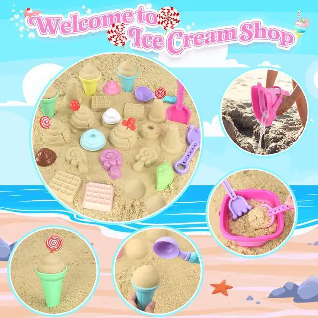 Alt view image 4 of 7 - Collapsible Beach Toys Set for Kids Toddlers Girls, Collapsible Sand Bucket and Shovels Set with Mesh Bag & Sand Molds, Ice Cream Travel Sand Toys for Beach, Sandbox Toys for Toddlers Kids Age 3-10