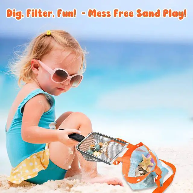 Alt view image 7 of 7 - 2 PCS Beach Mesh Shovel Sand Sifters with 2 PCS Mesh Beach Bag