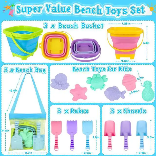 Alt view image 7 of 7 - Collapsible Beach Toys, 3 Silicone Sand Buckets for Kids Ages 3-10