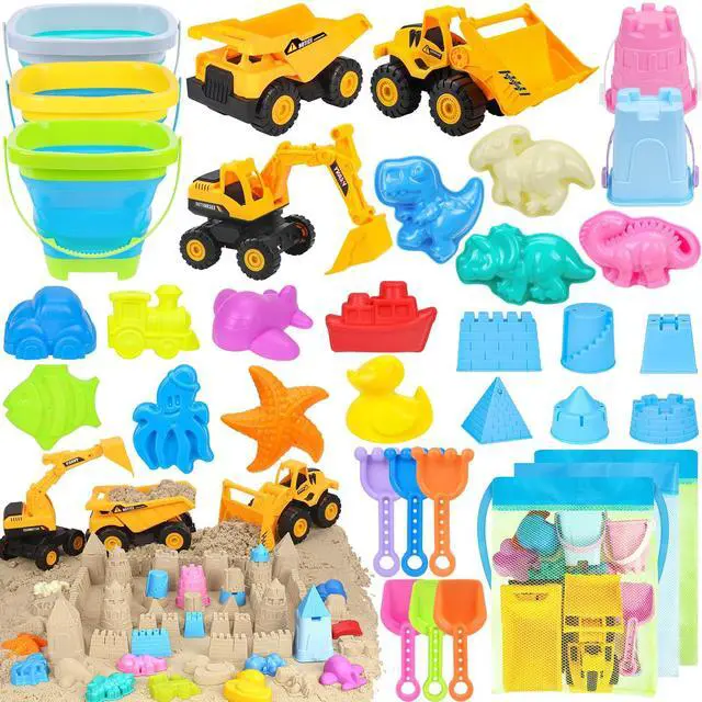 Main image of Beach Toys with 3 Trucks, Collapsible Buckets for Kids Ages 3-12