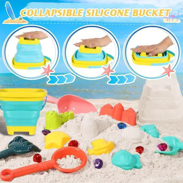 Alt view image 3 of 7 - Beach Sand Toys for Kids,Sand toys with 2 Collapsible Beach Bucket,2 Beach Sifter Shovel,Sand Shovel Set,Sand Castle Kit,Sea Animal Molds,Diving Gem Pool Toy,Mesh Bag Travel Toys for Toddler 3-10