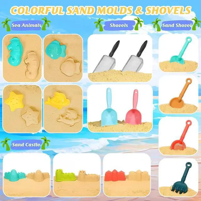Alt view image 5 of 7 - Beach Sand Toys for Kids,Sand toys with 2 Collapsible Beach Bucket,2 Beach Sifter Shovel,Sand Shovel Set,Sand Castle Kit,Sea Animal Molds,Diving Gem Pool Toy,Mesh Bag Travel Toys for Toddler 3-10
