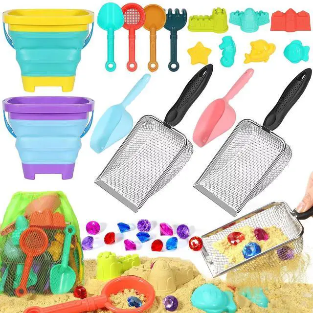 Main image of Beach Sand Toys for Kids,Sand toys with 2 Collapsible Beach Bucket,2 Beach Sifter Shovel,Sand Shovel Set,Sand Castle Kit,Sea Animal Molds,Diving Gem Pool Toy,Mesh Bag Travel Toys for Toddler 3-10