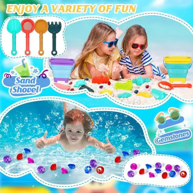 Alt view image 2 of 7 - Beach Sand Toys for Kids,Sand toys with 2 Collapsible Beach Bucket,2 Beach Sifter Shovel,Sand Shovel Set,Sand Castle Kit,Sea Animal Molds,Diving Gem Pool Toy,Mesh Bag Travel Toys for Toddler 3-10