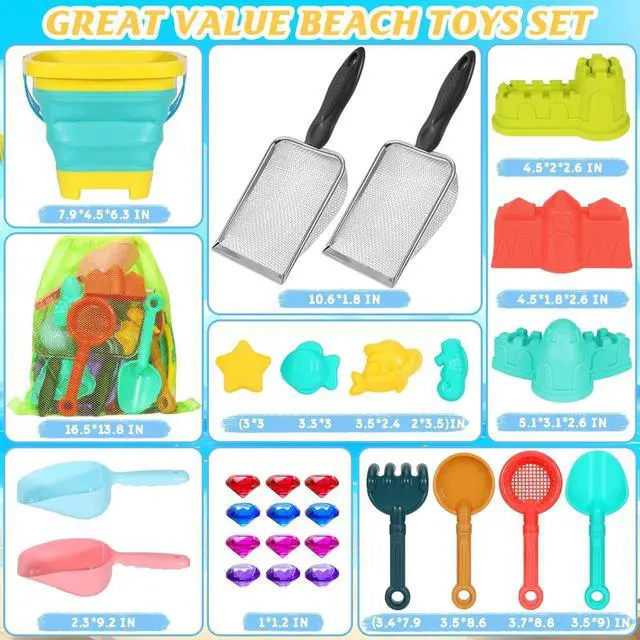 Alt view image 6 of 7 - Beach Sand Toys for Kids,Sand toys with 2 Collapsible Beach Bucket,2 Beach Sifter Shovel,Sand Shovel Set,Sand Castle Kit,Sea Animal Molds,Diving Gem Pool Toy,Mesh Bag Travel Toys for Toddler 3-10