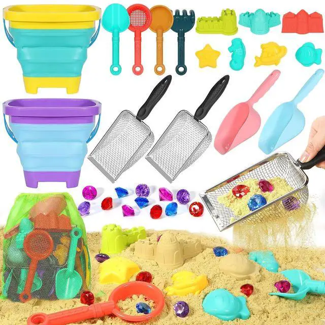 Alt view image 7 of 7 - Beach Sand Toys for Kids,Sand toys with 2 Collapsible Beach Bucket,2 Beach Sifter Shovel,Sand Shovel Set,Sand Castle Kit,Sea Animal Molds,Diving Gem Pool Toy,Mesh Bag Travel Toys for Toddler 3-10