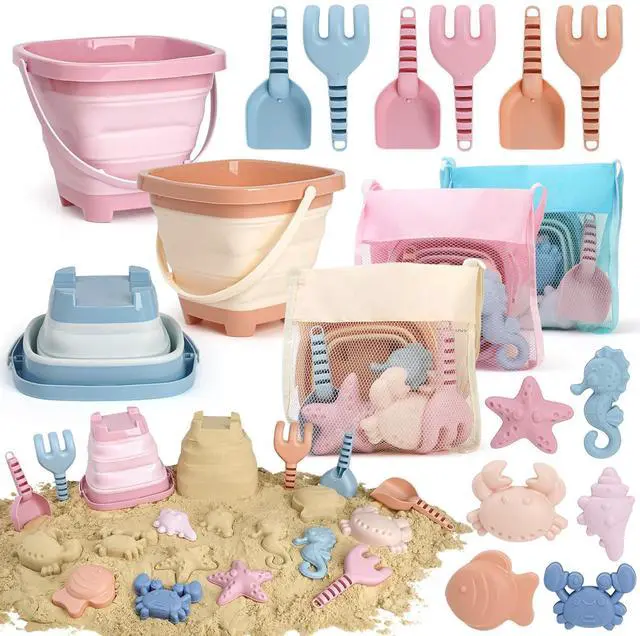 Main image of Beach Toys Set for Kids, 3 Pack Collapsible Sand Buckets and Shovels Set
