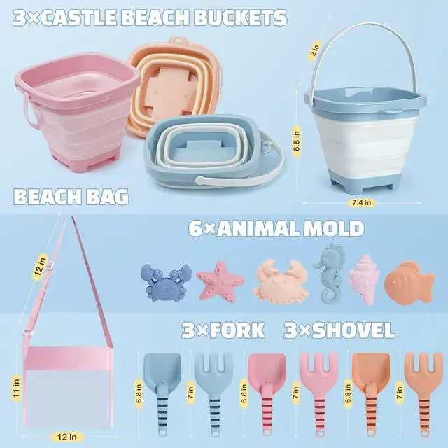 Alt view image 2 of 7 - Beach Toys Set for Kids, 3 Pack Collapsible Sand Buckets and Shovels Set
