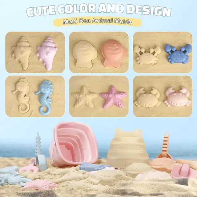 Alt view image 4 of 7 - Beach Toys Set for Kids, 3 Pack Collapsible Sand Buckets and Shovels Set
