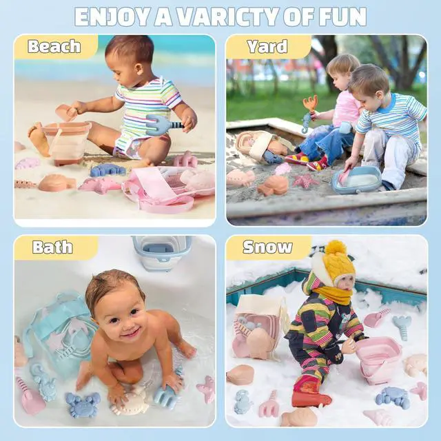Alt view image 7 of 7 - Beach Toys Set for Kids, 3 Pack Collapsible Sand Buckets and Shovels Set
