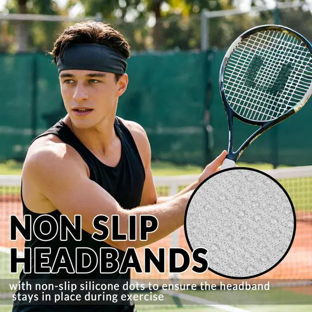 Alt view image 3 of 7 - Sports Headbands for Men 4 Pack, Moisture Wicking Sweatbands for Men, Non Slip Running Headband, Elastic Breathable Sweat Bands for Running, Tennis, Football, Baseball, Soccer, Gym, Cycling, Workout